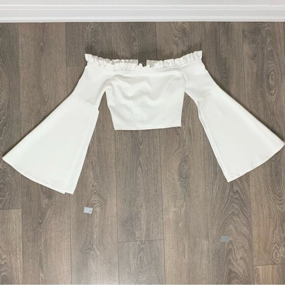 Women's Essue Top Blouse Off Shoulder Split Wide Flare Sleeve Cropped Off White - Picture 9 of 15